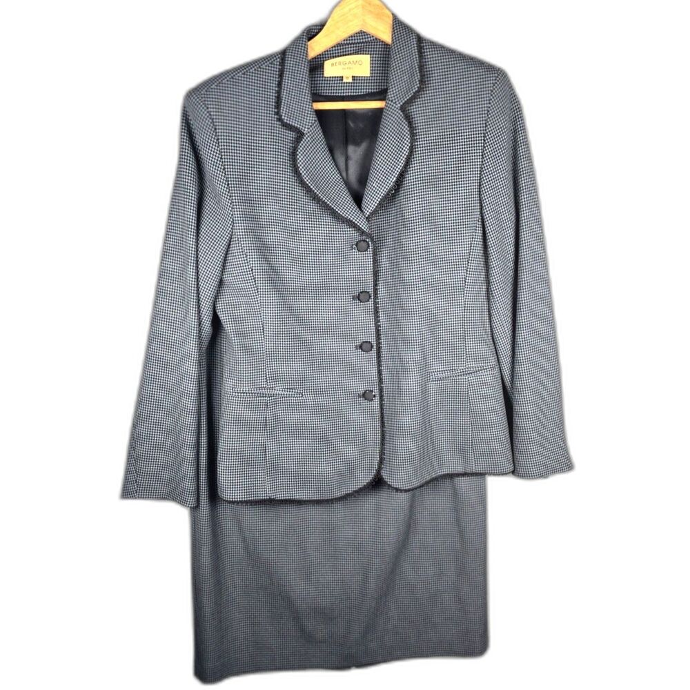 Bergamo by EBI Vintage Gray Black Houndstooth Skirt Suit 12 Made in USA